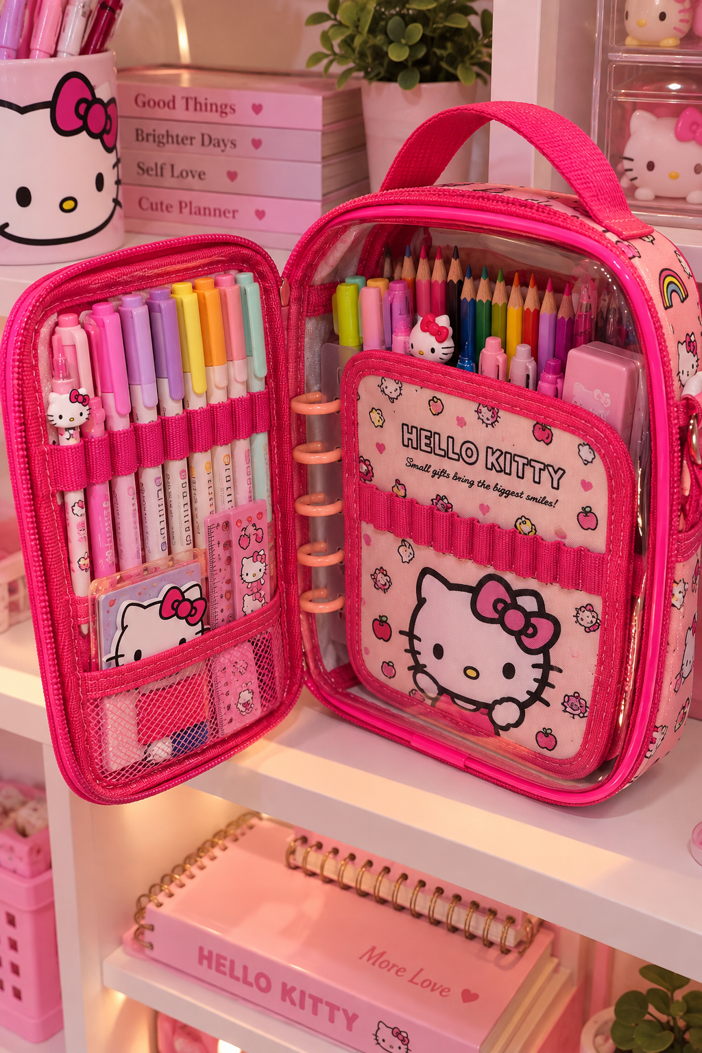 ESTOJO HELLO KITTY GRANDE QUE VIRA BOLSINHA, CONSEGUE COLOCAR MAIS DIVISORIAS E ORGANIZADORES